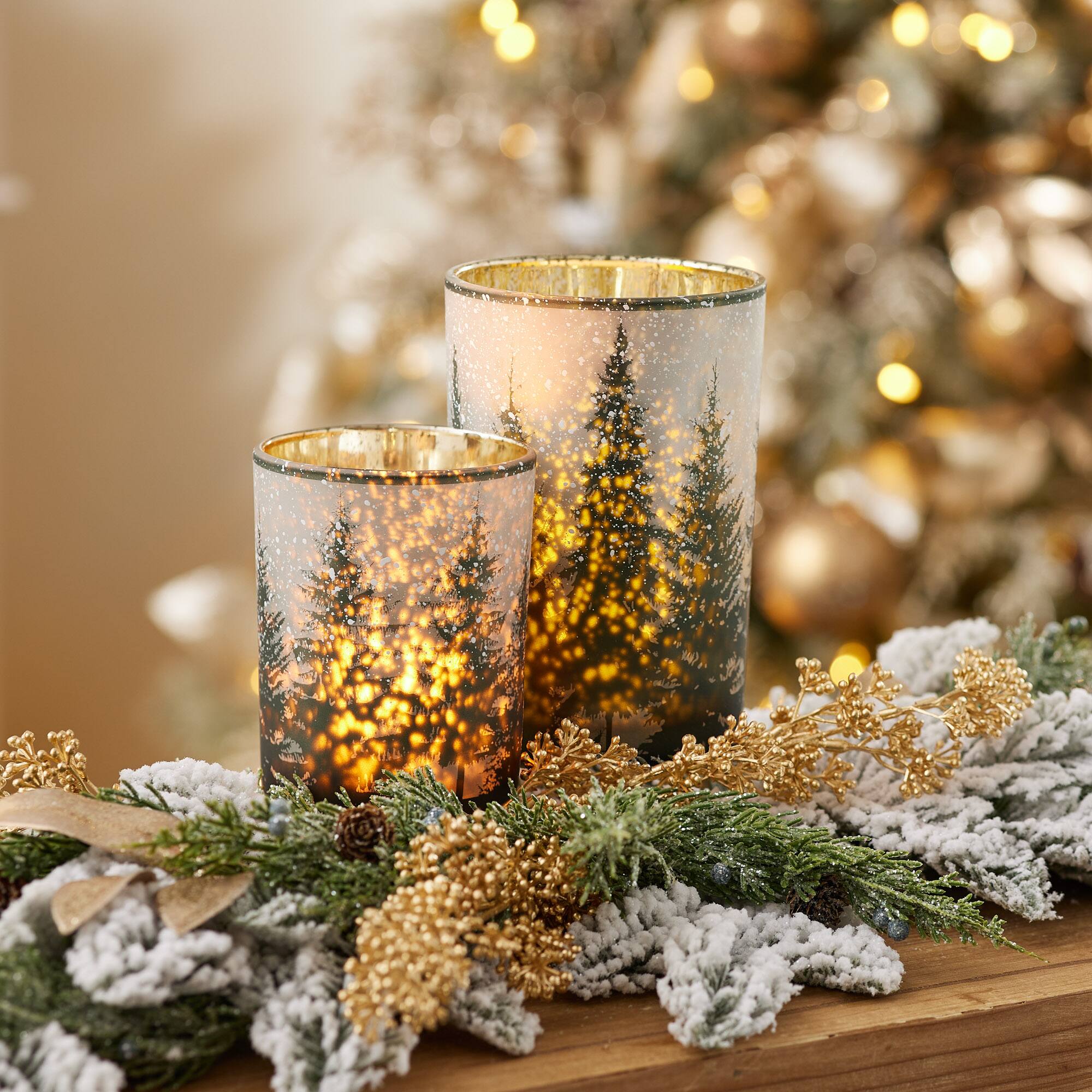 Frosted Pine Mercury Glass Votive & Pillar Candle Holder Set